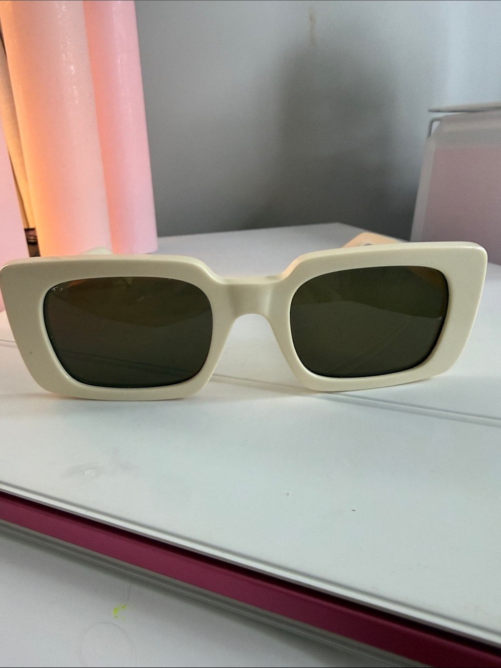 Celine Cream Rectangular Sunglasses with Dark Lenses